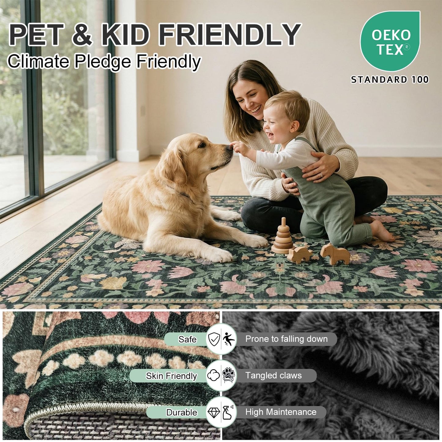 Cnythlis Washable Area Rug, Botanical Floral Living Room Carpet, 0.3" Low Pile Soft Rug, Non-Slip Silicone Grip Backing, Water-Resistant for Bedroom, Dining Room, Charcoal Green, 5'x7'