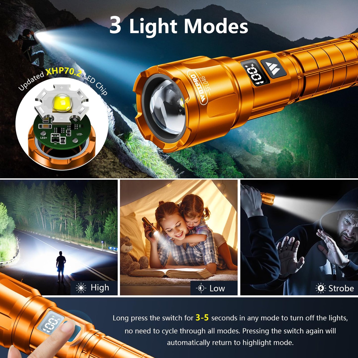 Wdtpro LED Rechargeable Flashlight 2 Pack, 3 Modes Super Bright High Lumens Flashlights, Zoomable Tactical Flash Light with LCD Display, IP65 Waterproof Flashlights for Home Emergency Camping - Orange