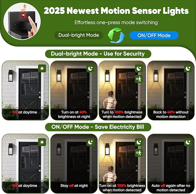 Upgraded Motion Sensor Outdoor Wall Light, Large Size Dusk to Dawn Porch Light Outdoor Wall Sconce Lantern, 3 Lighting Modes Exterior Lighting Fixture Wall Mount, Outside Light for House Garage, Black