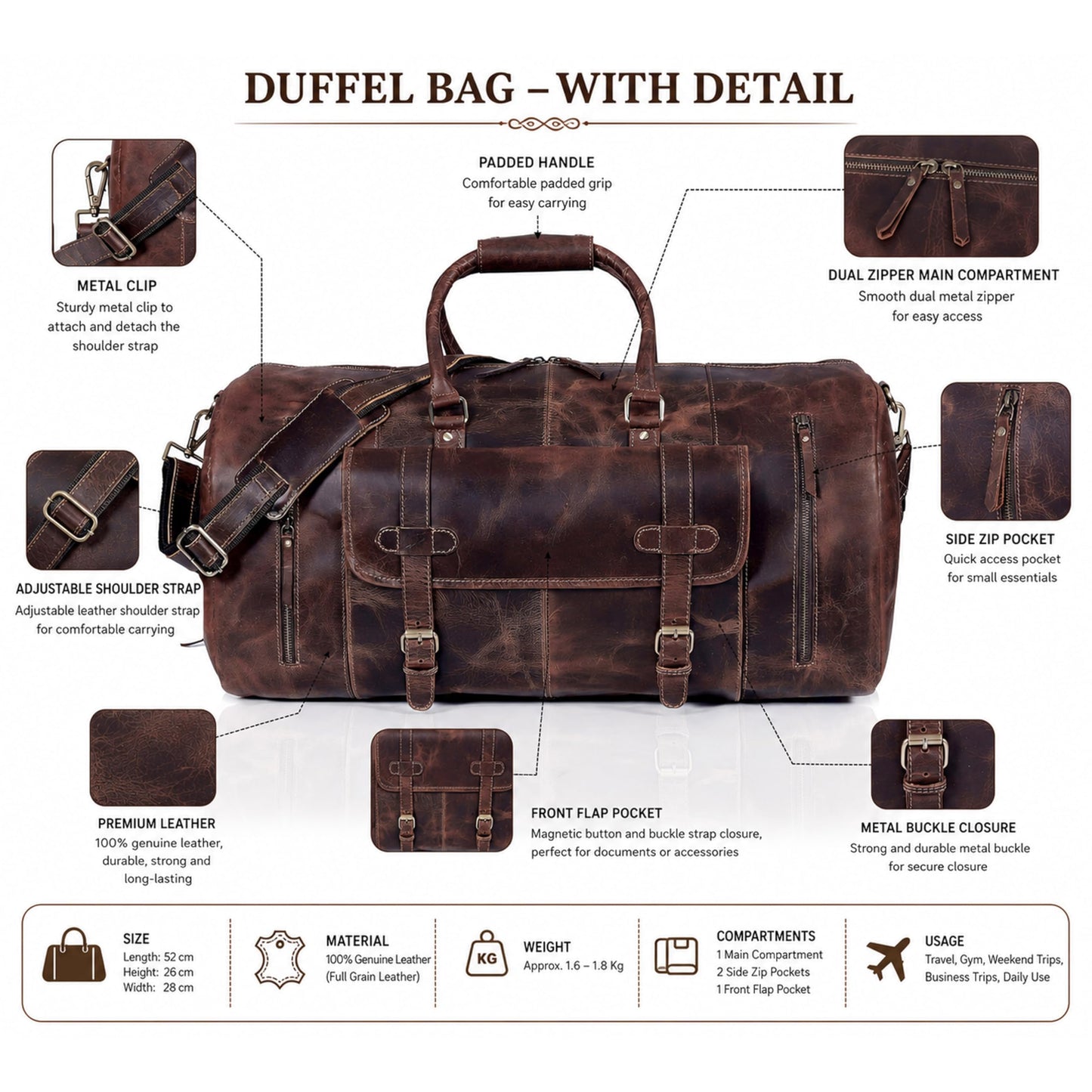 28" Large leather Travel Bag Duffel bag Gym sports flight cabin bag Leather Holdall Overnight Weekend Large luggage bag (28 inch)
