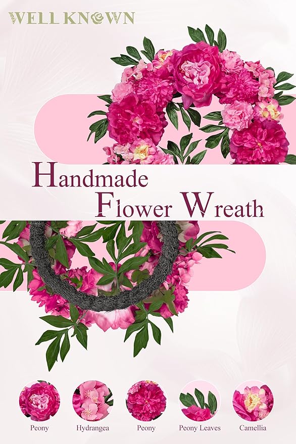 Wreaths for Front Door, WELL KNOWN Flowering Fall Wreath for Front Door, Silk Peony Wreath as Front Door Decor, Hot Pink Wall Hanging Home Party Wedding Shop Hotel Office Decor Gift