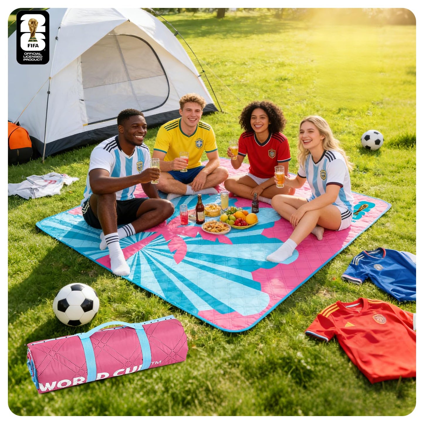 MESUCA FIFA World Cup 2026 Outdoor Trophy Picnic Blanket - Official FIFA World Cup 2026 Merchandise - 75"x80" Extra Large Waterproof Picnic Mat - Foldable Beach Blanket for Outdoor, Camping, Party