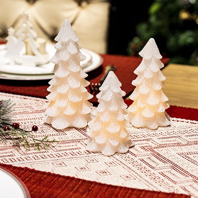 Glittering White Christmas Tree Shaped Flickering Flameless LED Candles with Timer, Real Wax Battery Operated for Home Party Decoration and Gift (Set of 3)