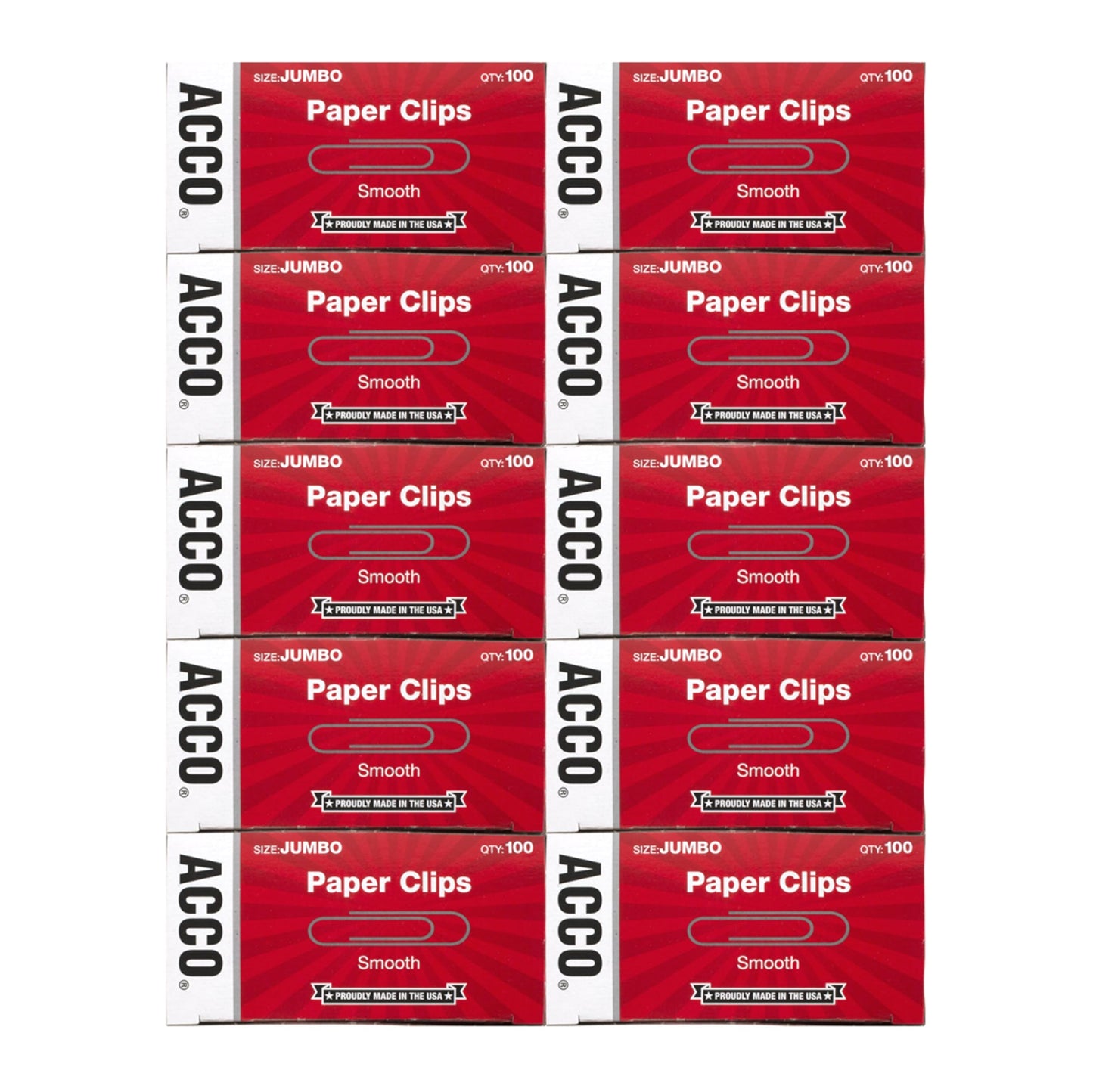 ACCO Brands Paper Clips, Jumbo, Smooth, Economy, 10 Boxes, 100/Box (72580)
