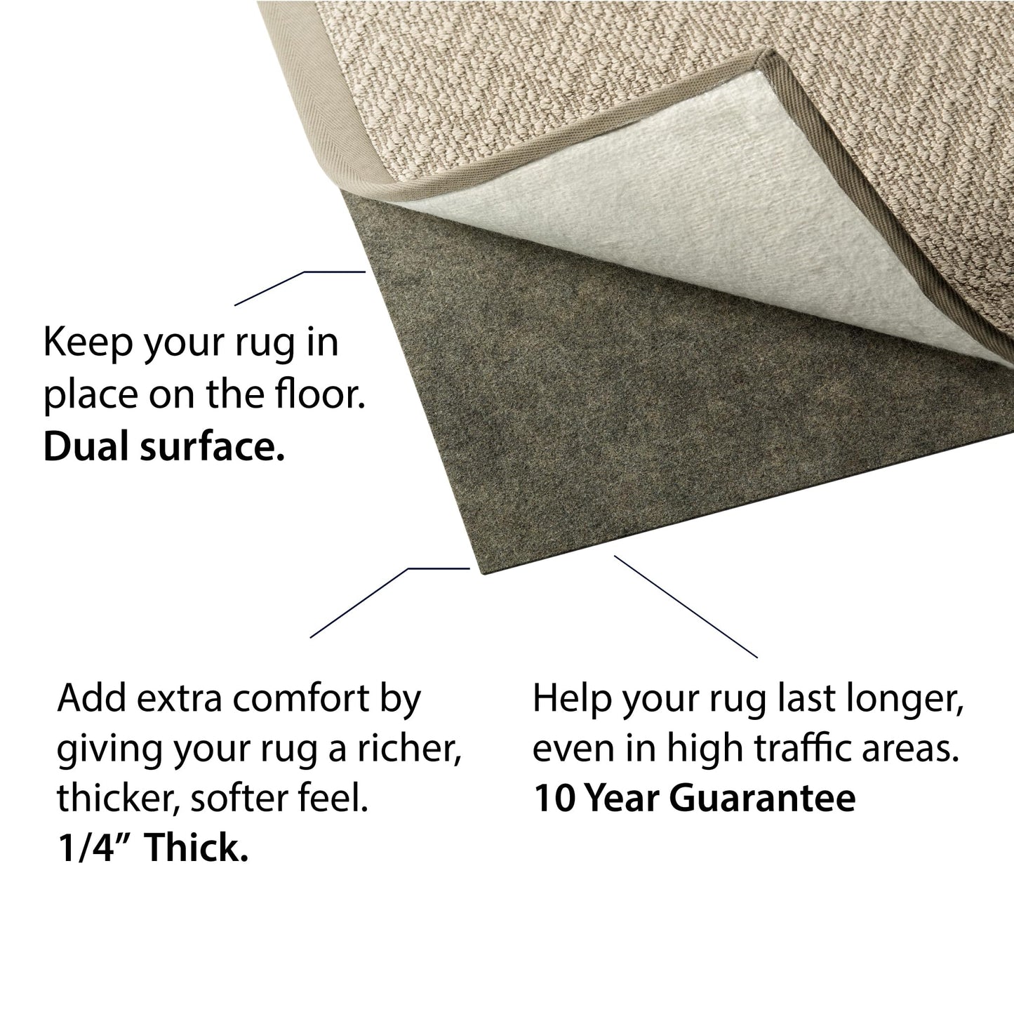 Duggins Superior Rug Works - 5' x 5' - Rug Pad - Hard Surface/Carpet - Non Slip - Felt/Rubber - Reversible - 1/4In - 10YR