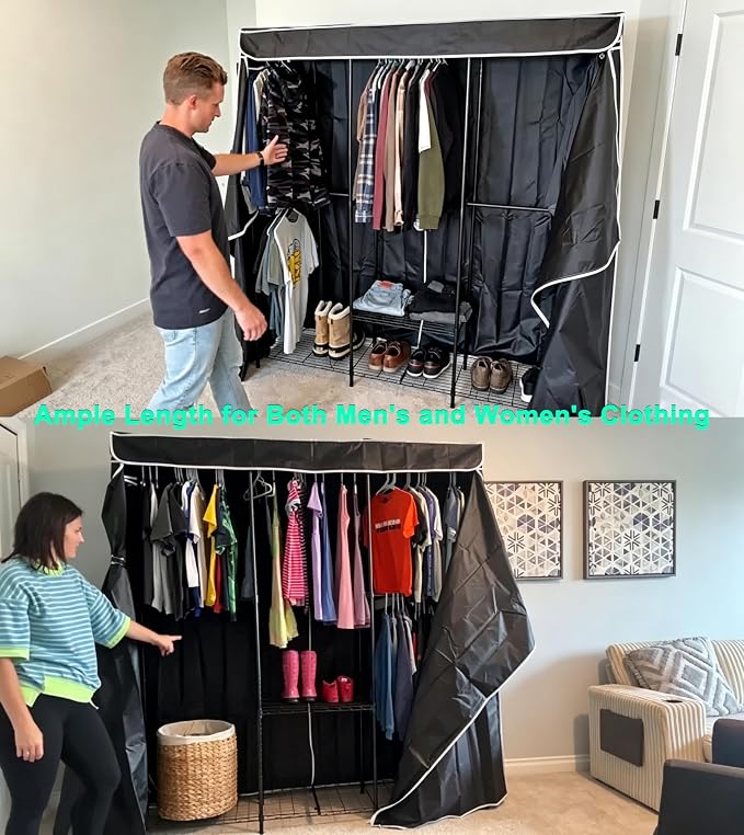 SEMHOR K01C Heavy Duty Clothes Rack with Cover, Freestanding Portable Closet System with Shelves, Adjustable Carbon Steel Garment Rack, Black Clothing Racks for Hanging Clothes, 860LBS Max Load