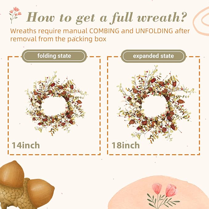 YNYLCHMX 18" Fall Wreaths for Front Door, Artificial Autumn Wreath, Fall Wreath with Eucalyptus Leaves and Berries for Home Porch Window Wall Farmhouse Decor, Indoor Outdoor, Holiday Decor