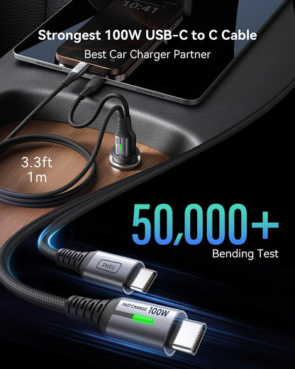 INIU Car Charger, Cigarette Lighter USB Charger Total 60W, 12V USB Socket with [1m] 100W Type C Cable Fast Charge, Car Phone Charge Adapter for iPhone 17 16 Samsung Laptops Switch 2 Car Accessories