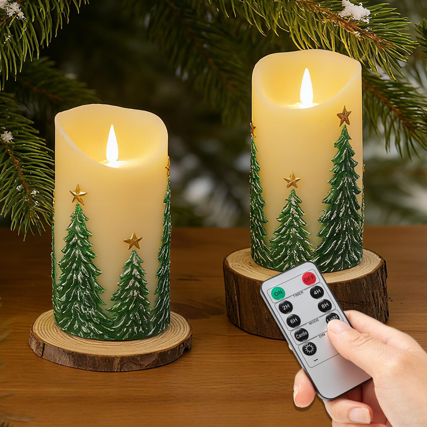 JOIONE Christmas Embossed Tree Flameless Candles with Remote, Battery-Operated Real Wax LED Candle with Flickering Flame, Christmas Home Decor, Set of 2