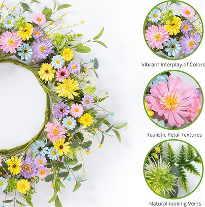 24" Front Door Wreath for Spring Summer Floral Seasonal Wreath with Colorful Flower Vibrant Artificial Daisy &Eucalyptus with Berries for Indoor & Outdoor Wall Home Decor