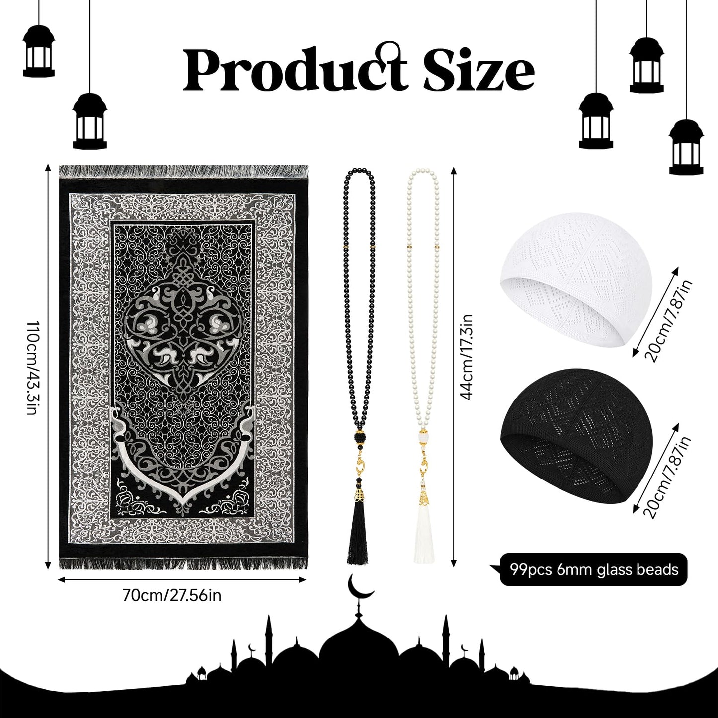 Bafeil Muslim Prayer Mat Set with Kufi Hat & Tasbih 99 Beads, Portable Islamic Prayer Rug Travel Foldable Sajjadah, Breathable Taqiyah Cap, Ramadan Eid Islamic Gifts for Men Women