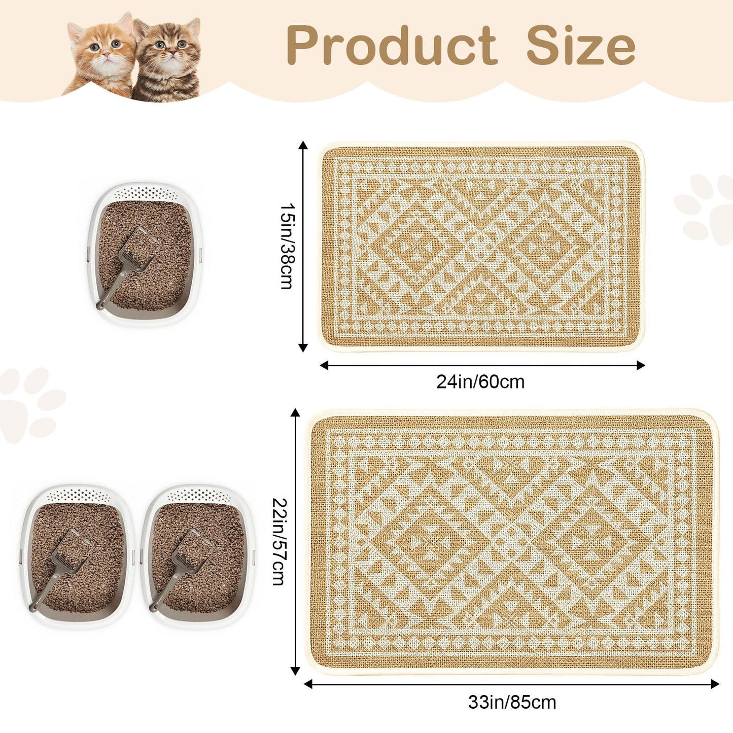 Bienbee Cat Litter Mat, 33" x 22" Litters Box Mat Machine Washable Less Waste Waterproof Litter Mats, Non-Slip Cat Litters Trapping Mats Easy to Clean Linen Geometric L