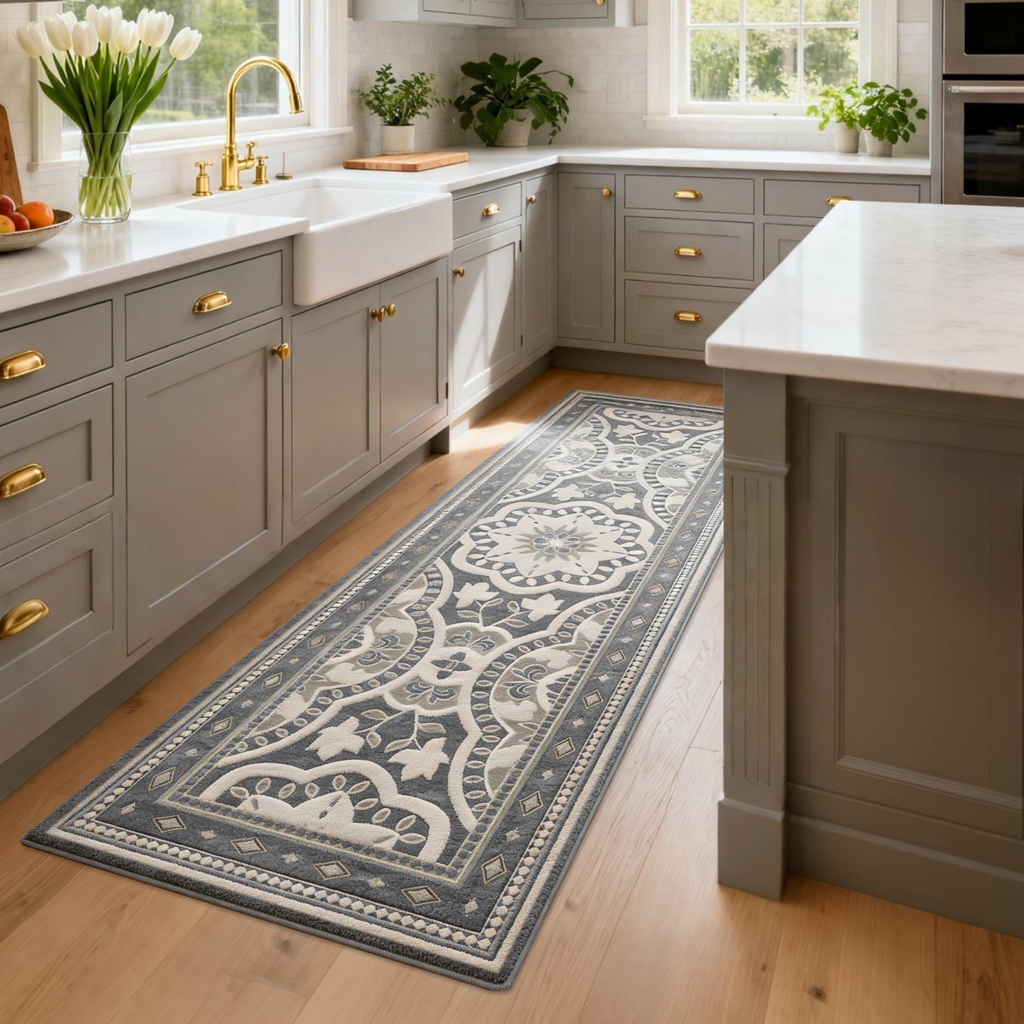 XSYarn Washable 2x6 Runner Rug, Soft Boho Kitchen Hallway Runner Rug TPR Non-Slip Low Pile Farmhouse Floor Mat for Bathroom Laundry Bedroom Grey