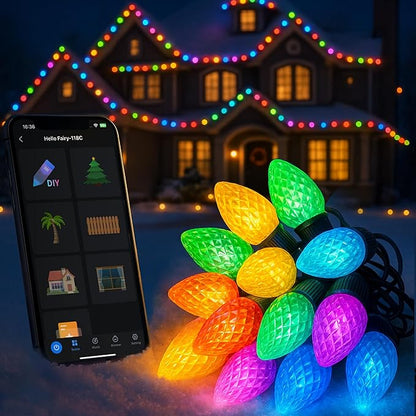 Smart C9 Christmas Lights Outdoor, 132FT 200 LEDs, RGB Color Changing String Lights with Music Sync & DIY, 108 Modes, App Controlled Waterproof Lights for Large House, Wedding, Halloween decorations