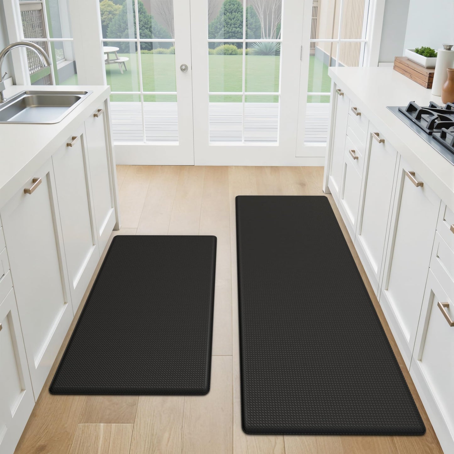 StepAura Kitchen Mats for Floor 2 Piece - 17"x29"+17"x47" Anti Fatigue Mats for Kitchen Floor - Non Slip Cushioned Rugs for Standing - Black