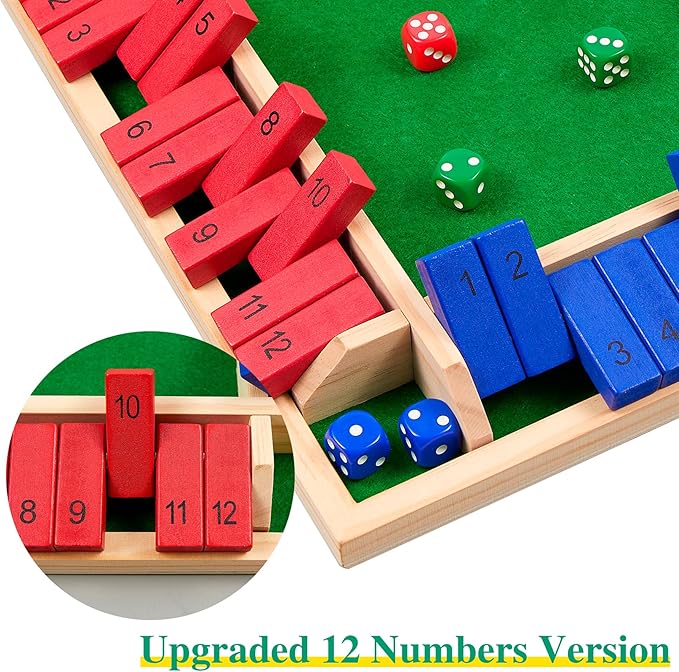 14 inches Shut The Box Dice Game 2-4 Player Upgraded 12 Numbers Wooden Board Table Math Games for Adults and Kids 12 Dices Classics Tabletop Version Games for ClassroomHomeParty or Pub