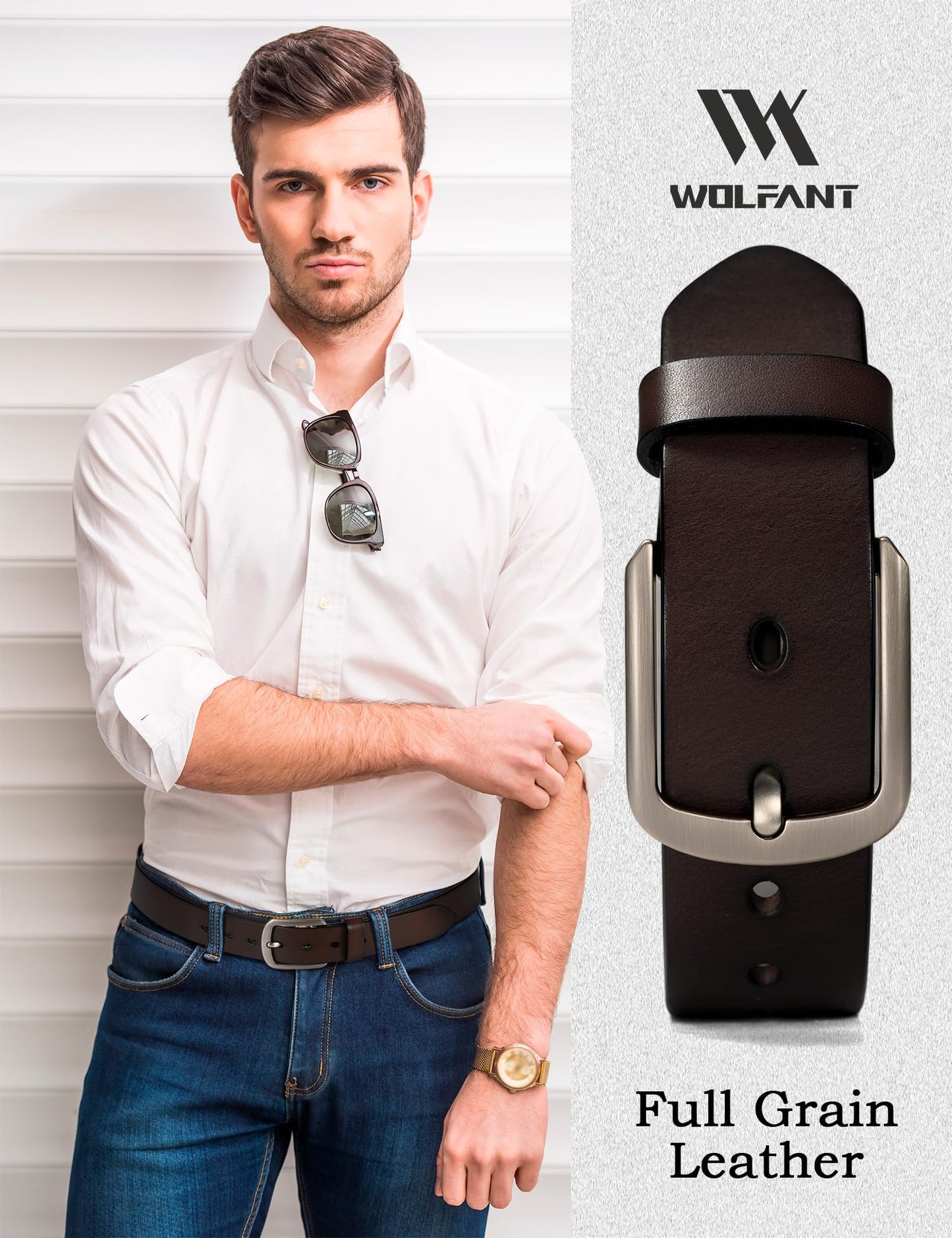 WOLFANT 1.5" Top Full Grain Leather Belt for Men in Gift Box,100% Italian Real Solid Leather
