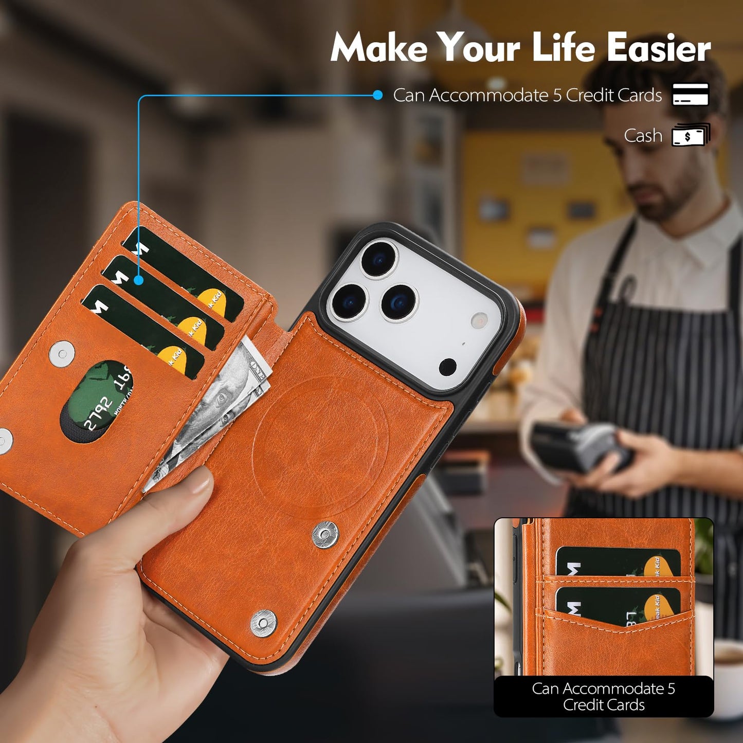 SkyEagle Compatible with Magsafe for iPhone 17 Pro Wallet Case with Card Holder,Women Men Phone Case PU Leather Kickstand Flip Protective Cover Credit Card Slots,for Apple 17 Pro,Orange