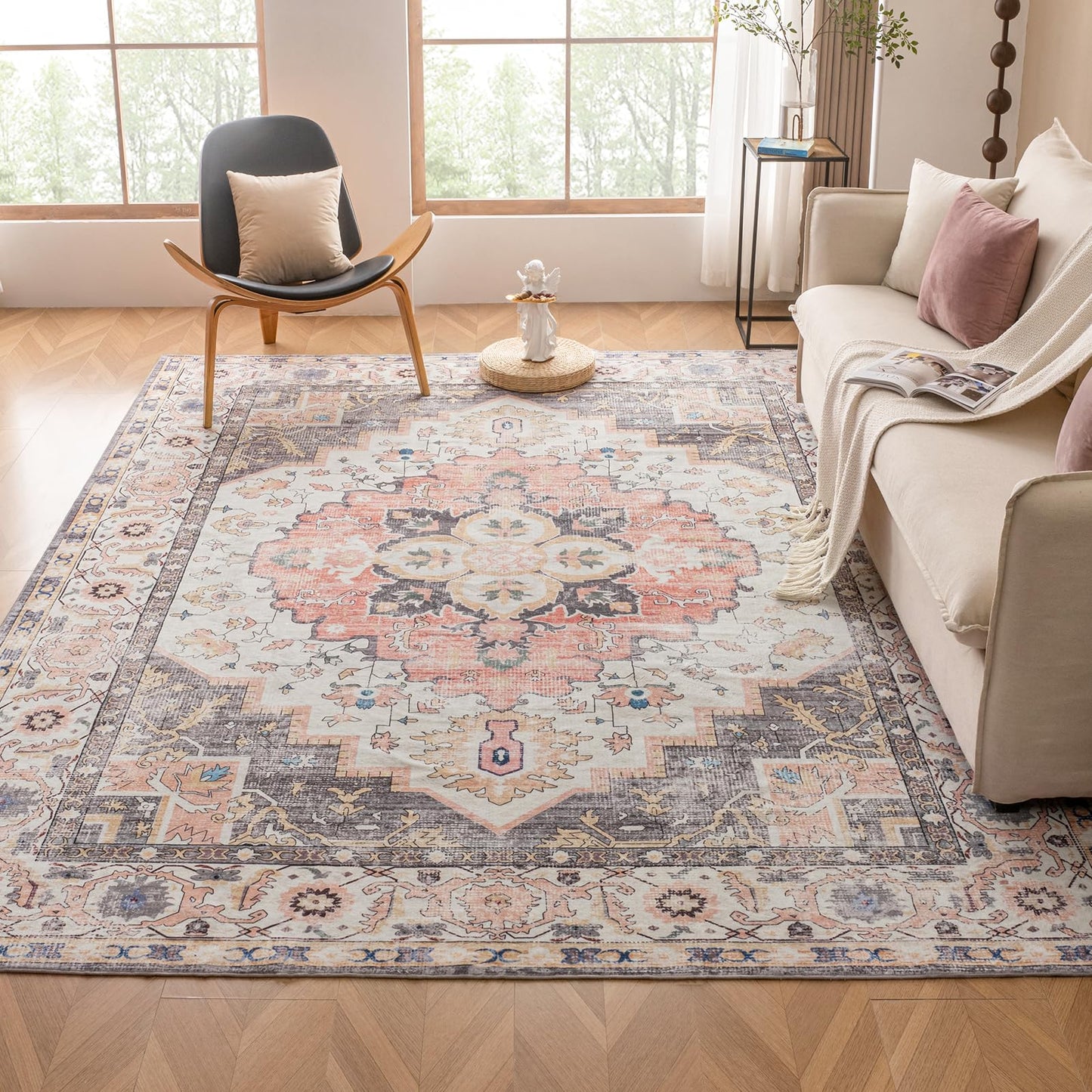 VK VK·LIVING Machine Washable Rug 5'x7' Vintage Design Washable Area Rugs with Non Slip Rugs for Living Room Bedroom Traditional Woven Carpet Stain Resistant, Dining Office Boho Rug (Mistyrose)