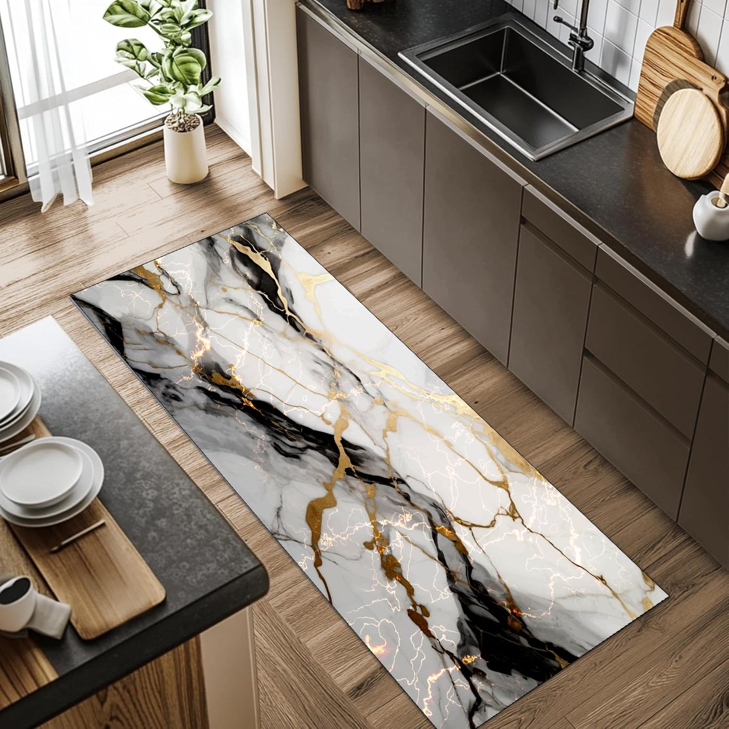 White Marble Runner Rug,2x6ft, Black Gray Gold Texture Design Long Kitchen Mats Rug, Light Luxury Modern Abstract Art Entrance Marble Rugs, for Indoor Floor Non-Slip Laundry Room Carpet