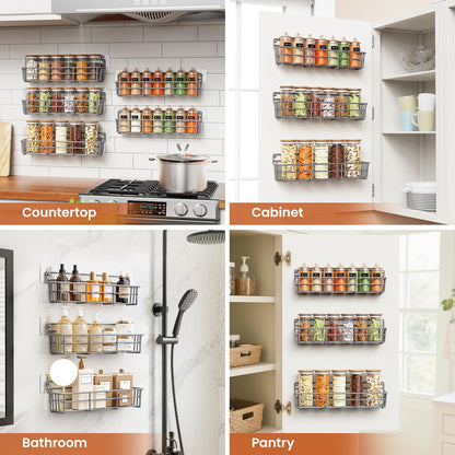 5 Pack Spice Rack Seasoning Organizer Wall Mount, Screw or Adhesive Hanging Shelf Basket Spice Organizer Shelf for Kitchen, Black