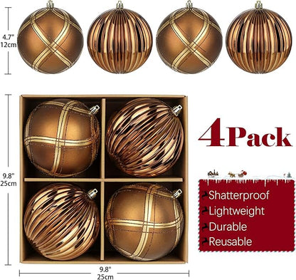 4.7" Large Plastic Christmas Balls Ornaments Set of 4, Glitter Shatterproof Christmas Bulbs Ornaments for Xmas Tree Decorations, Bronze & Brown Ornament for Tree, Mantel, Garland, Winter Holiday Decor