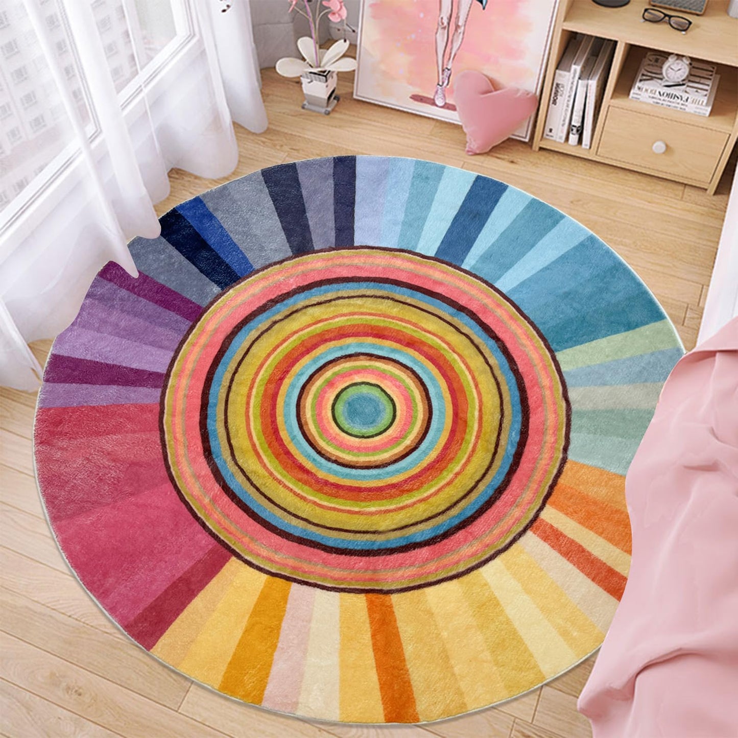 Lacomfy Kids Rug Circle Sun Rug 4Ft Round Modern Abstract Girls Bedroom Carpet Round Rainbow Nursery Mat Playroom Bedside Area Rug for Children Cartoon Crawling Mat for Home Decor