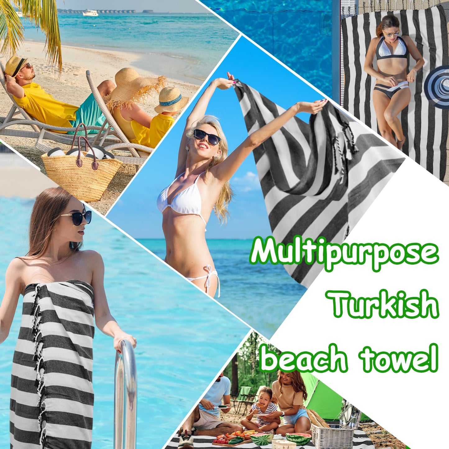 Kongdaoth Set of 6 Turkish Beach Towel, Cotton Beach Towels, 36 x 71 Inches Turkish Towel, Sand Free, Quick Dry, Lightweight Beach Towels for Adult Black
