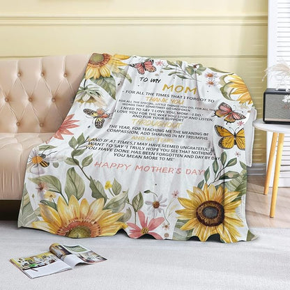 Mother's Day Fleece Blanket - 60x80in Mom from Daughter Son Birthday Heartfelt Message Throw Blankets,Sunflower,Soft Cozy Lightweight, Ideal for Living Room Home Decor and Women Gifts