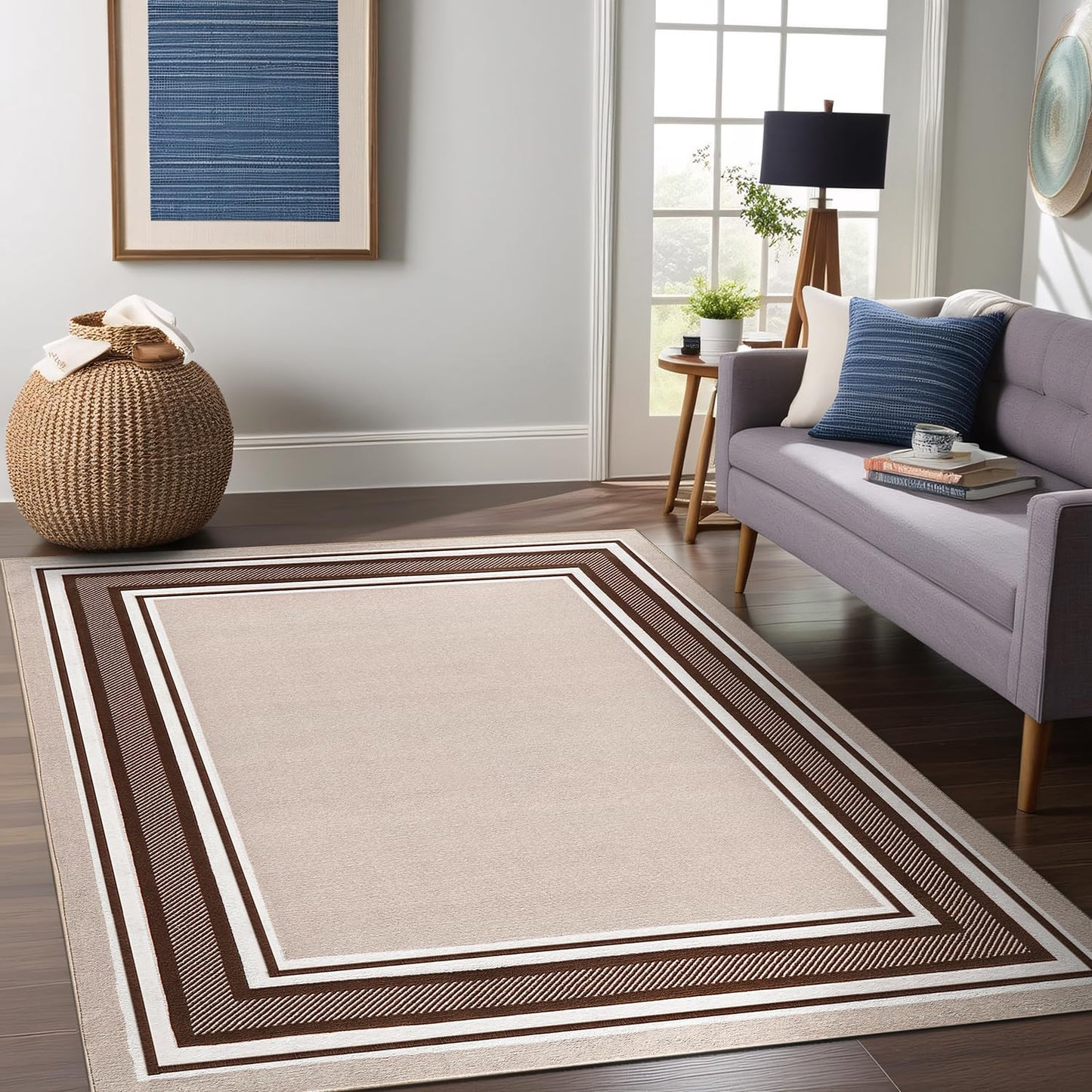 Beverly Rug Non Slip Area Rugs 3x5 Modern Bordered Non Skid Rubber Backing Soft Area Rug for Living Dining Room Easy to Clean Non Shedding Kitchen Bedroom Indoor Carpet 3 x 5 Beige-Brown