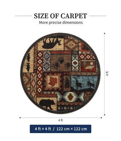 YIHOUSE Rustic Round Rug 4ft, Washable Circle Rug with Non-Slip Backing, Low Pile Soft Western Cabin Rugs for Living Room, Bedroom