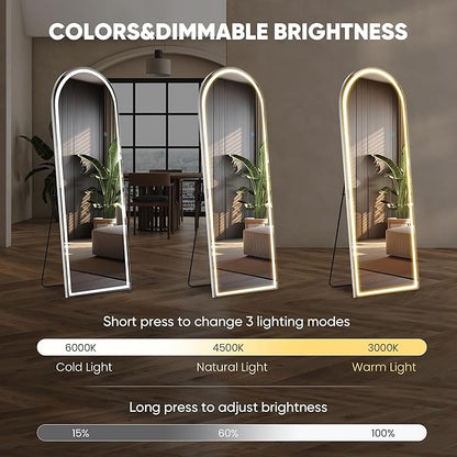 OLIXIS 20"x 63" Arched LED Full Length Mirror with Lights, Standing Lighted Floor Full Body Mirror with 3 Color Lighting, Wall Mounted Mirrors for Bedroom, Bathroom, Entryway with Tempered Glass