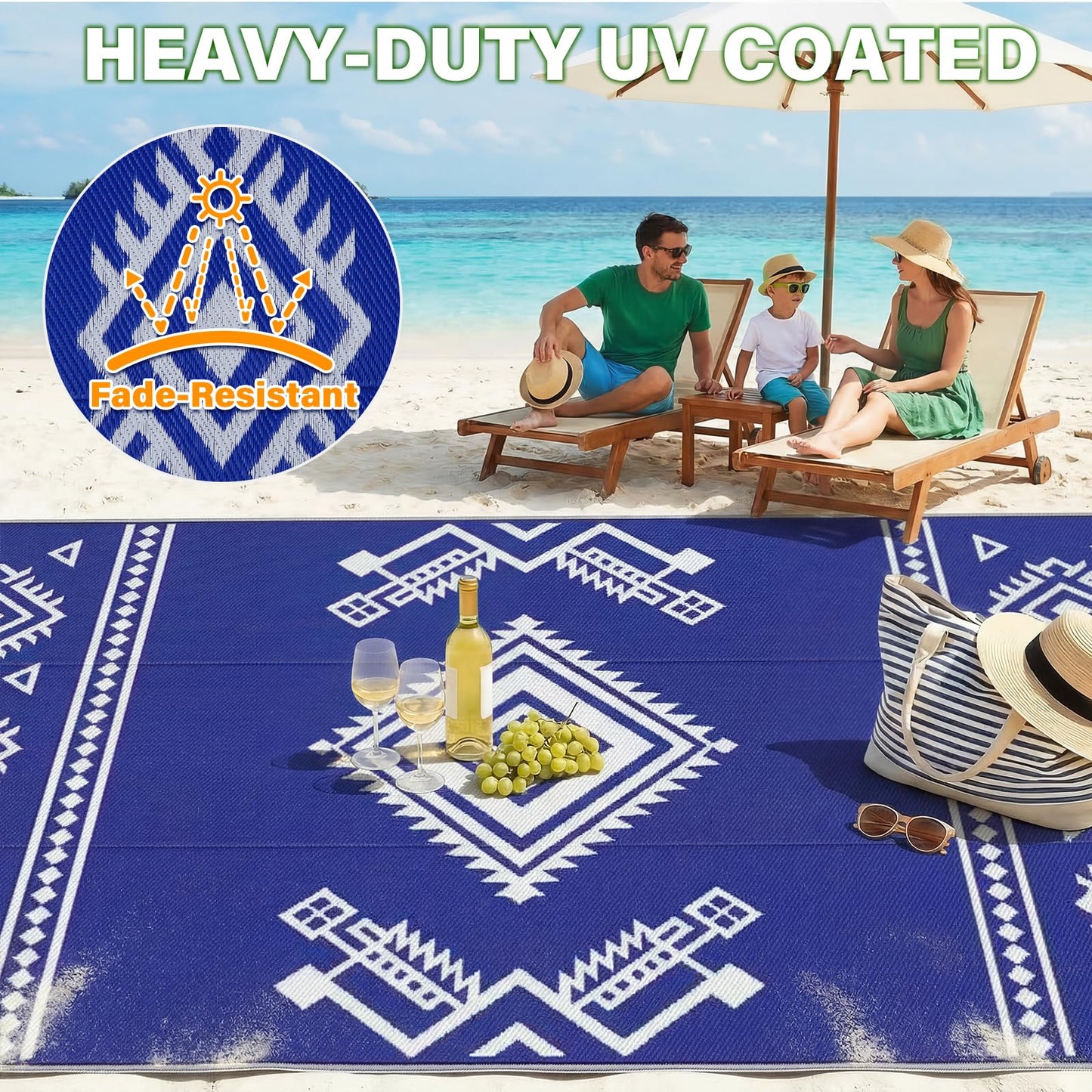 GOTGELIF 9x18 ft RV Camping Rug Waterproof, Large Reversible Bohemian Outdoor Plastic Straw Mat with Carry Bag, 4 Stakes & Seam, UV-Resistant Portable Carpet for Patio Pool Beach Deck (Blue & White)