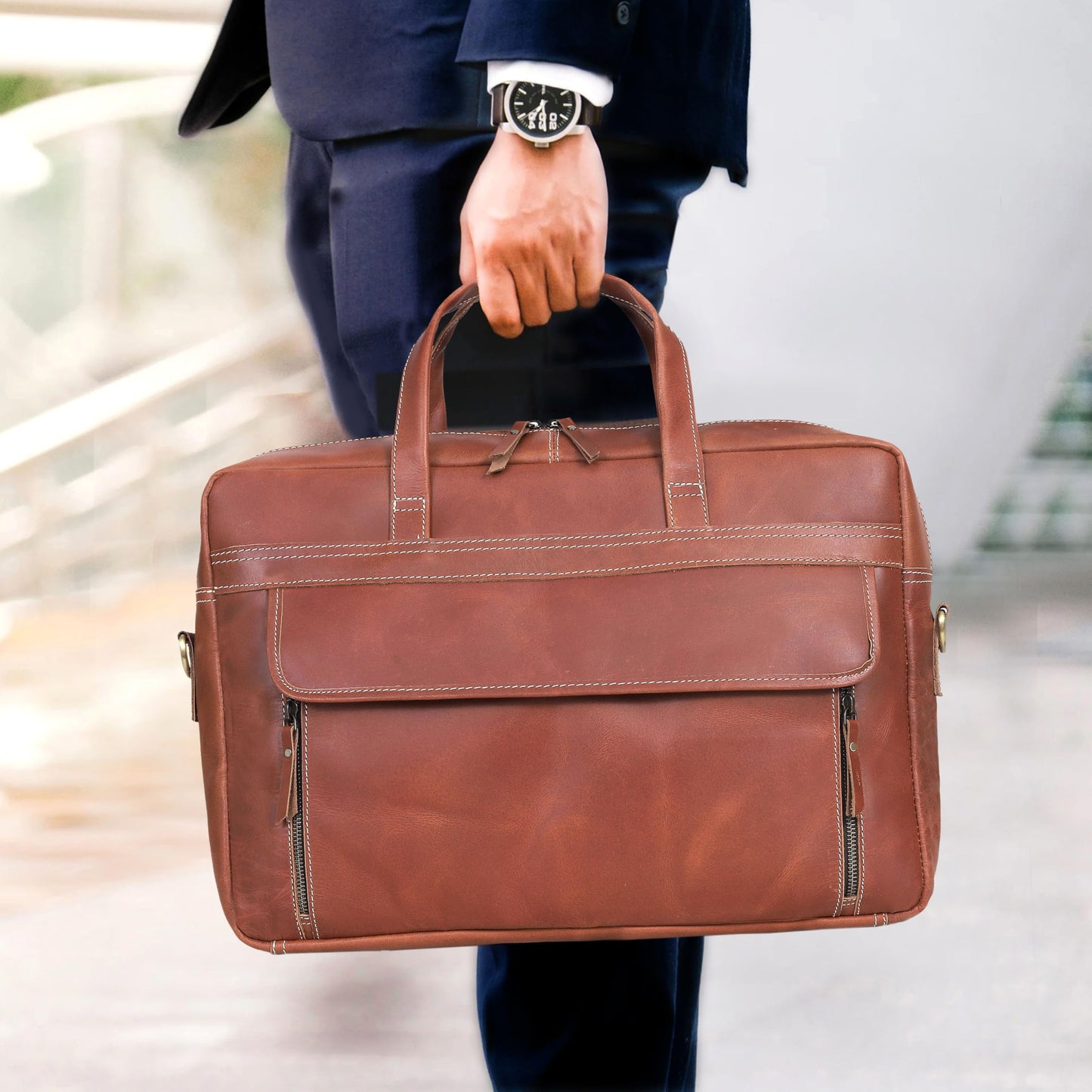 HLC 18 Inch Full Grain Leather Briefcase messenger shoulder bags for men and women (tan, 16 inch)