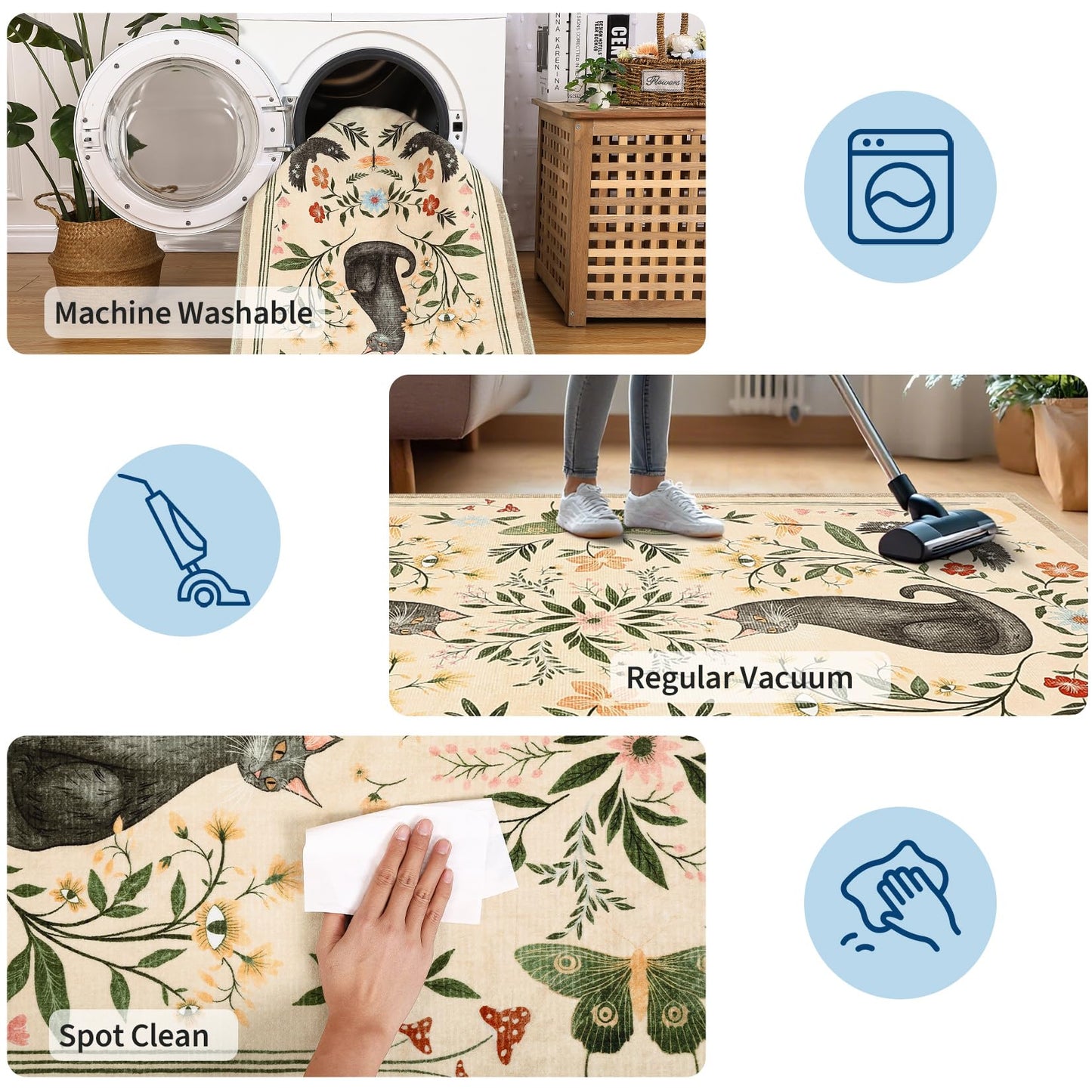 GarveeHome Round Area Rugs 5ft for Bedroom, Cat Beige Washable Circle Rug Soft Non Slip Mushroom Floral Floor Mat Carpet Indoor Thin Rug for Bedroom Dining Room Playroom Nursery Gothic Decor