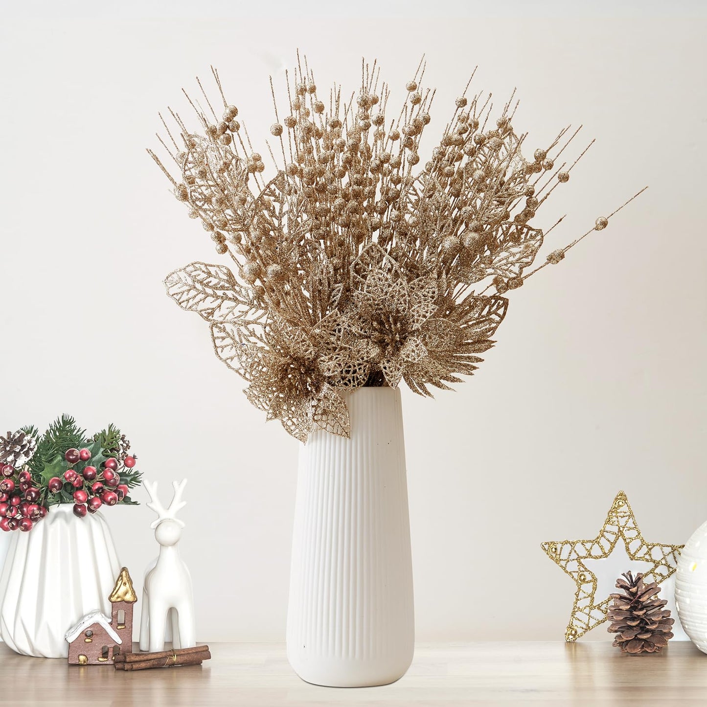 24 Pack Christmas Tree Ornaments - Artificial Flowers Glitter Berry Stems Christmas Floral Picks Branches for Xmas Tree Decorations Vase Filler Holiday Wedding Party Home Decor (Champagne)