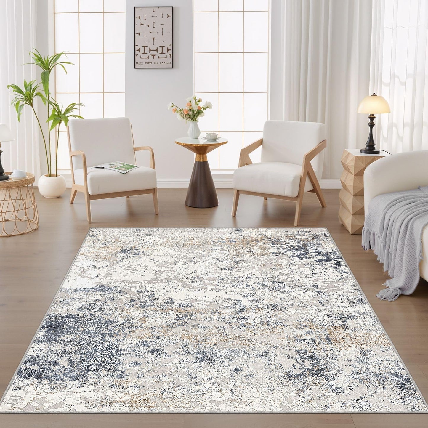 DMOYEST Square Area Rug Living Room Rugs - 6x6 Washable Large Soft Indoor Neutral Modern Abstract Low Pile Rug Carpet for Bedroom Dining Room Farmhouse Home Office - Beige Blue