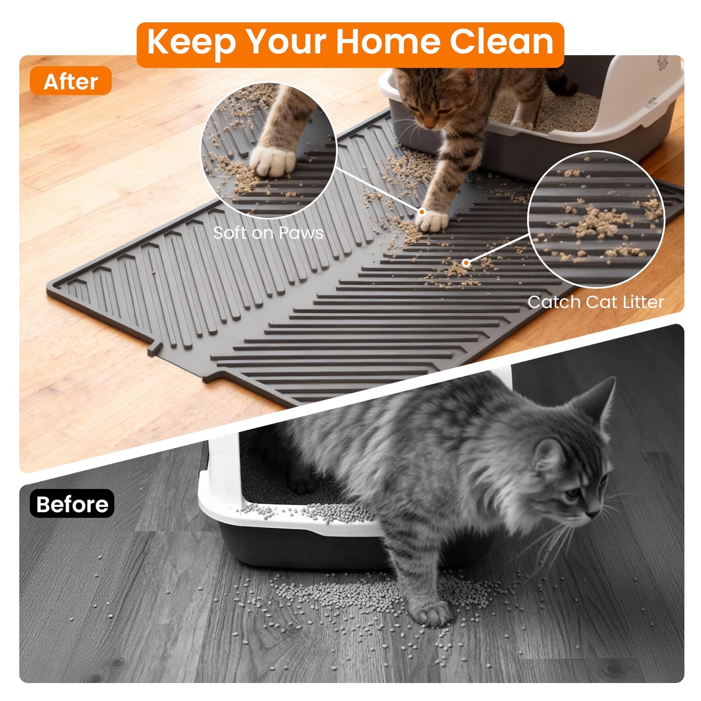 Barkitty Cat Litter Mat, Large 34" x 22" Litter Trapping Mat, Silicone Litter Mat for Litter Box, Waterproof Foldable & Easy Clean, Scatter Control, Soft on Paws, Gray