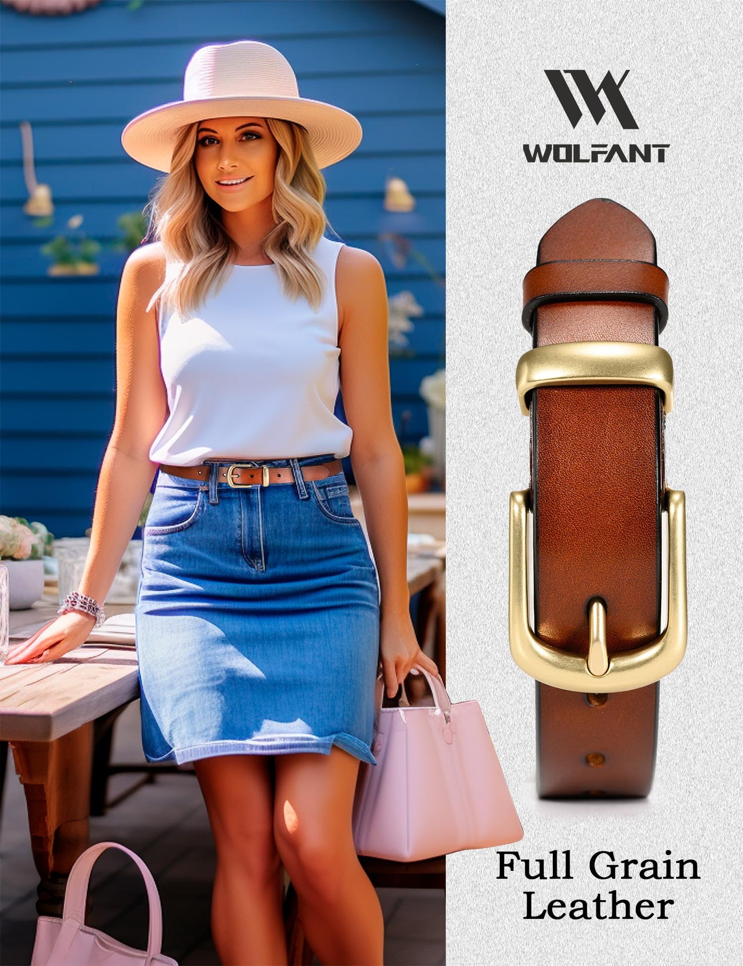 WOLFANT Womens Belts for Jeans in Gift Box,1.1" Ladies Belt with Gold Buckle,100% Italian Full Grain Real Solid Leather
