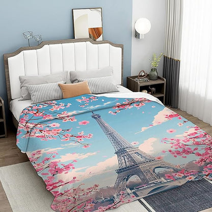 Blanket Eiffel Tower Lightweight Soft Throw Blanket for Girls Teens Women, Cherry Blossoms Fuzzy Blanket Home Room Decor 50x60 Inches