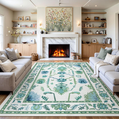 Uphome Green Washable Rugs 8x10, Floral Oushak Rugs for Living Room Bedroom, Non-Slip Soft Turkish Dining Room Rug, Modern Abstract Ultra-Thin Large Carpet for Office Playroom Dorm