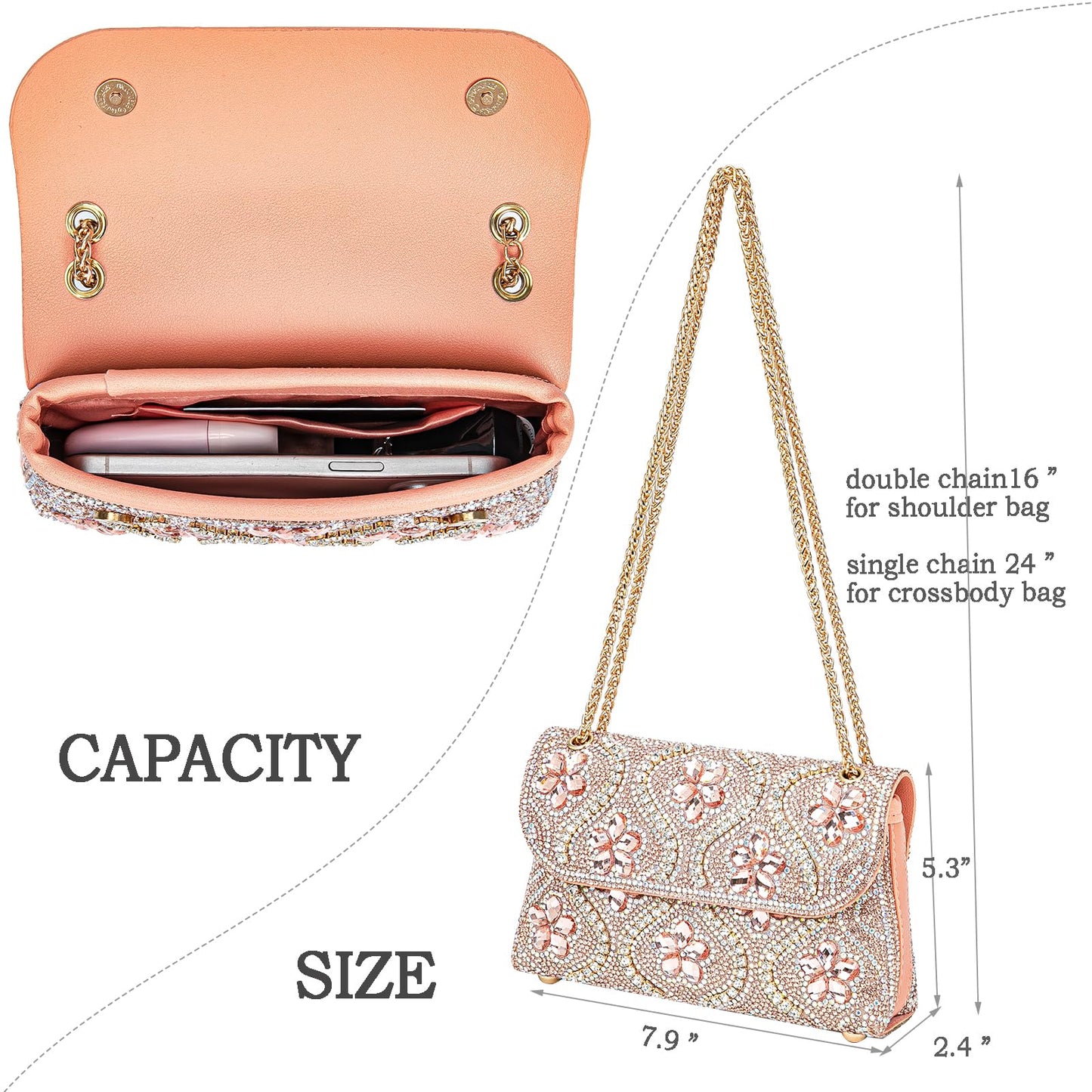BBTT.ful Flower Evening Handbags Chain Strap Square Shoulder Bag Crossbody Bag Crystals Rhinestone Clutch Purse (pink champagne)