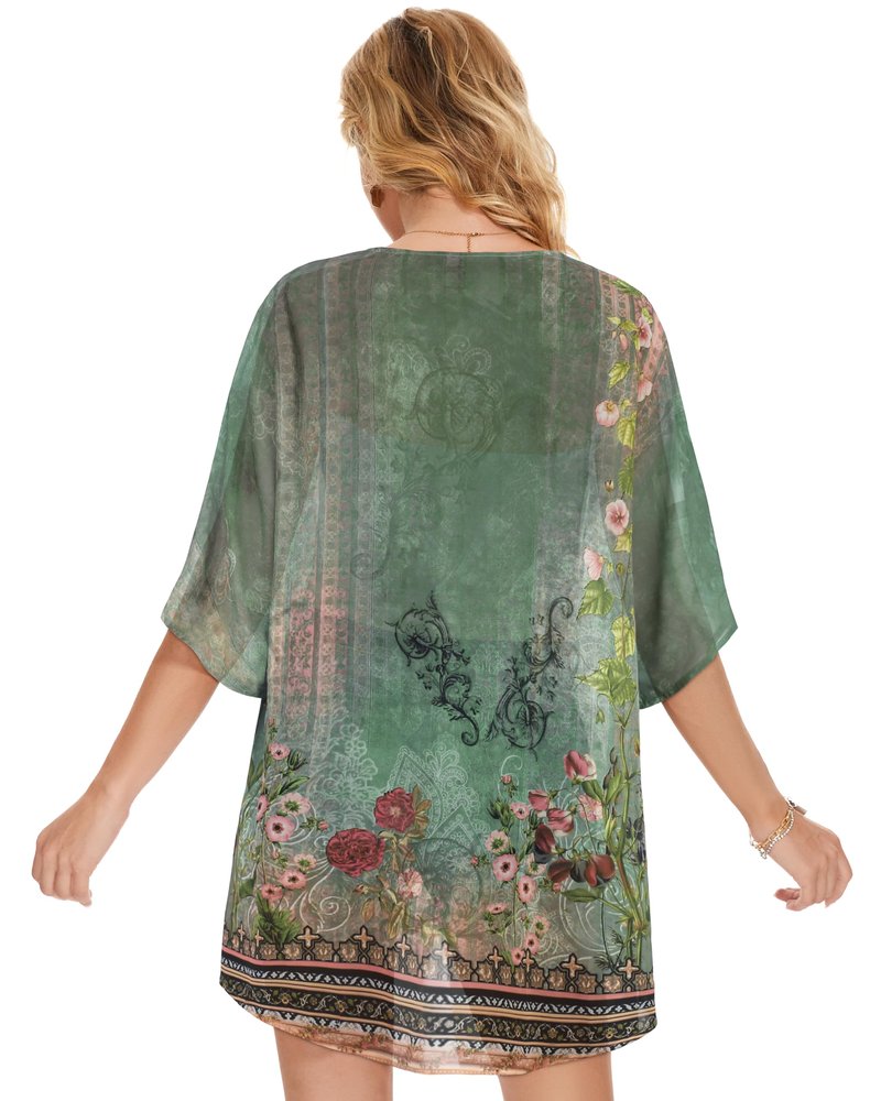 Women's Floral Print Puff Sleeve Kimono Cardigan Loose Cover Up Casual Blouse Tops(Army Green Floral,S)