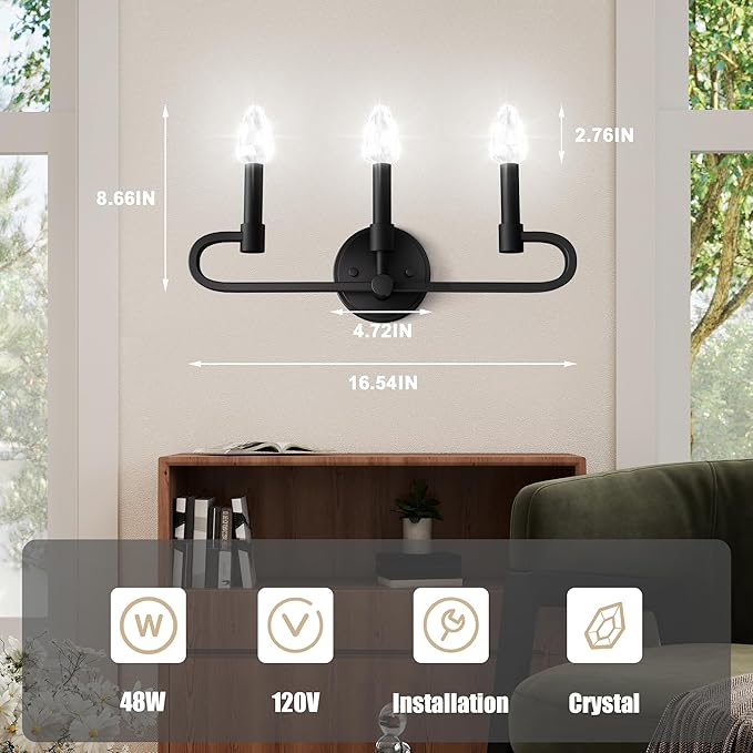 Farmhouse and Modern Bathroom Lighting Fixtures Over Mirror, 3 Light Matte Black Bathroom Vanity Lights, Crystal Bathrooms Wall Sconces(Includes Bulb)