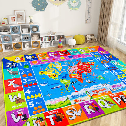 Large Educational Kids Learning Rug with World Map & ABC Alphabet, Interactive Geography Play Carpet for Preschool Classroom Nursery & Homeschool, Non-Slip Activity Rug, 6'7" x 9'2"