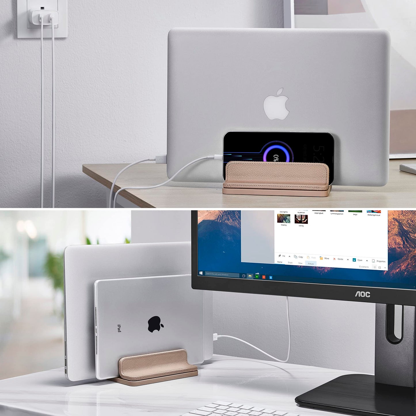 CoStySee Leather Vertical Laptop Stand,Dual Laptop Holder Stand,Laptop Organizer with Adjustable Dock (18-26mm/0.7-1 in) for All MacBook/Tablet/Surface/Dell/iPad (Apricot)