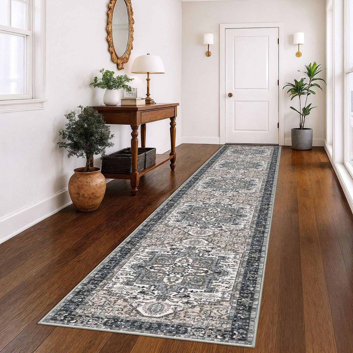 KOZYFLY Runners for Hallways 3x14 Ft Extra Long Washable Faux Wool Stair Thin Runner Rug Printed Hallway Carpet for Entryway Bedroom Stairs Kitchen Floor Accent, Black/Taupe/Beige