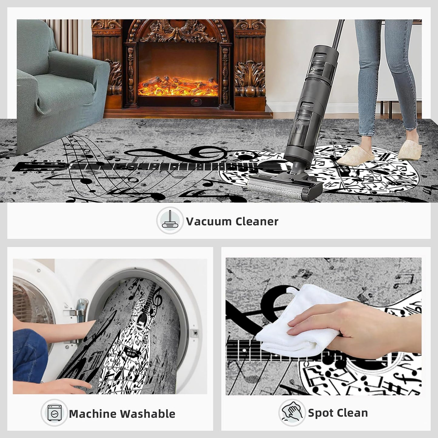 Music Musical Note Area Rug, 4x5ft, Gray Guitar Bass Home Decor Carpet, Soft Durable Fade Resistant Machine Washable Carpets, with Non Slip Backing Non Slip Rugs for Family Living Room