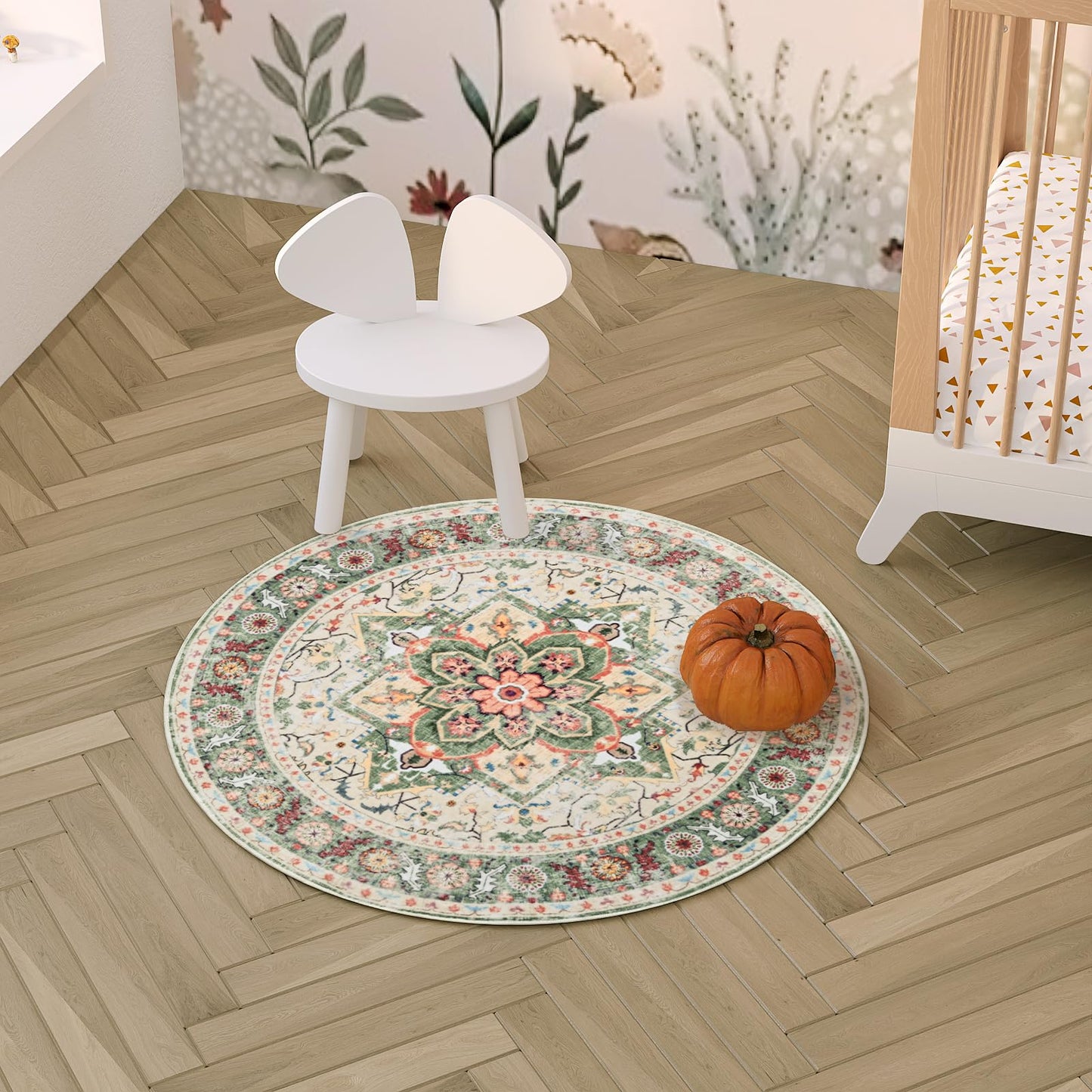 Round Rug for Living Room, 3Ft Round Washable Rug, Boho Small Circle Kitchen Area Rugs, Non Slip Low Pile Circular Rugs, Soft Round Carpet for Bedroom, Office, Kitchen Entryway, Bathroom (CreamGreen)
