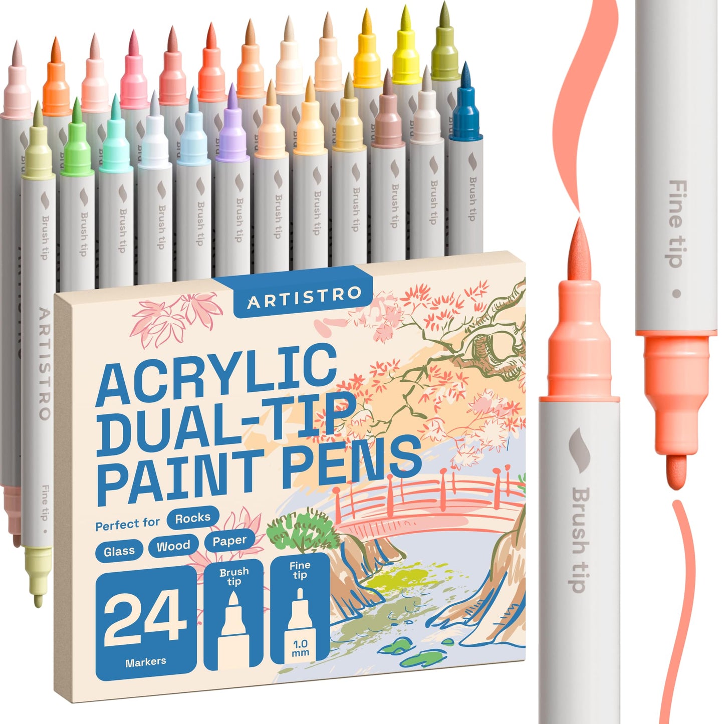 ARTISTRO 24 Pastel Acrylic Paint Markers - Paint Pens for Drawing, Brush + Fine Tips - For Fabric, Rock, Glass, Wood, DIY - Art & Craft Supplies for Adults, Teens, Kids - Teacher Appreciation Gift